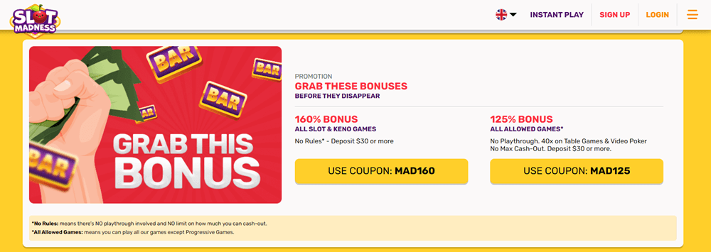 grab the bonus at slot madness casino